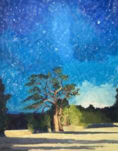 Oil painting of a lone tree beneath a vast starry night sky with vivid blue tones and golden earth