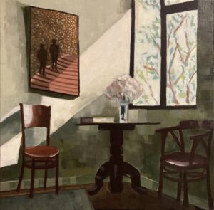 Acrylic painting of a quiet interior morning scene with soft light, muted greens, and warm browns
