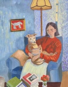 Acrylic painting of two figures resting together with bold reds against soft blues and a folk-art quality