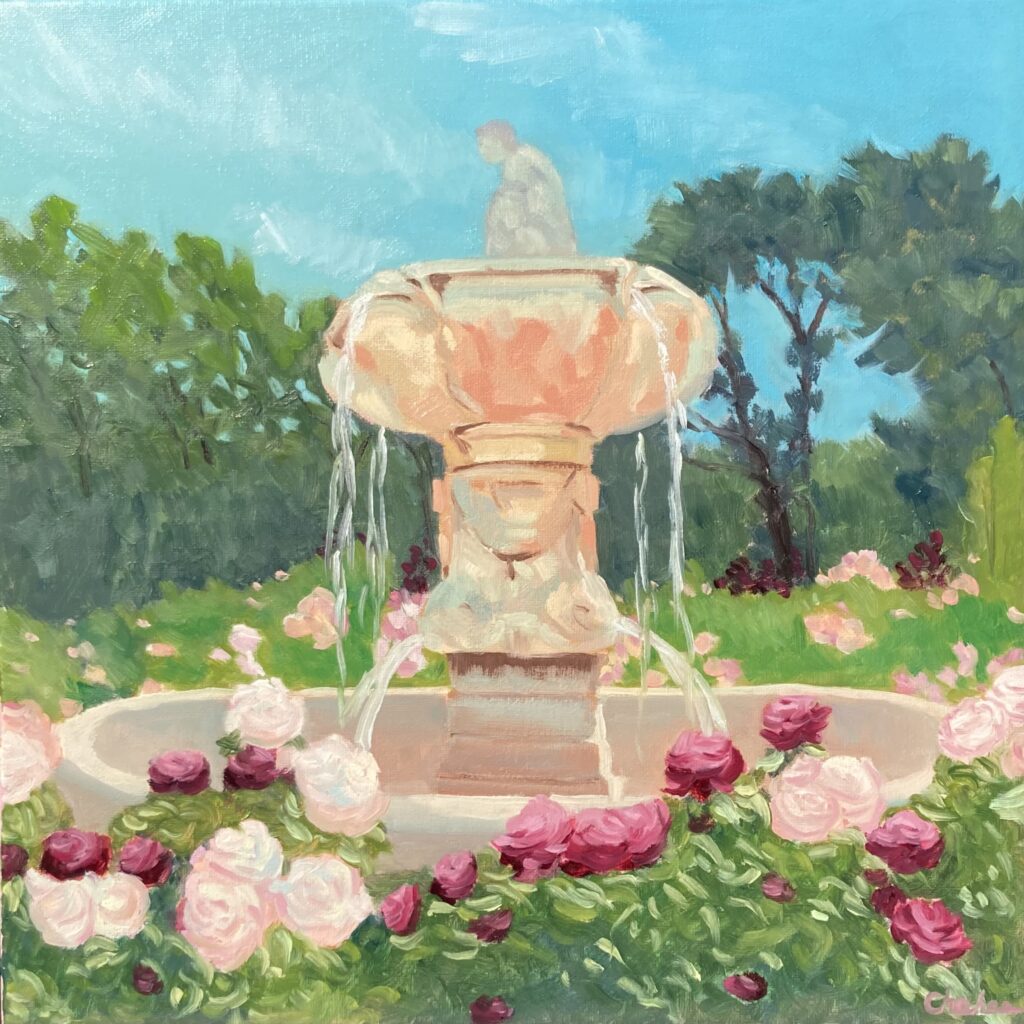 Oil painting of a classical stone fountain surrounded by blooming pink and red roses in a sunlit garden