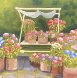 Oil painting of a colourful flower stall with potted hydrangeas in pink, lilac, and blue on a spring day