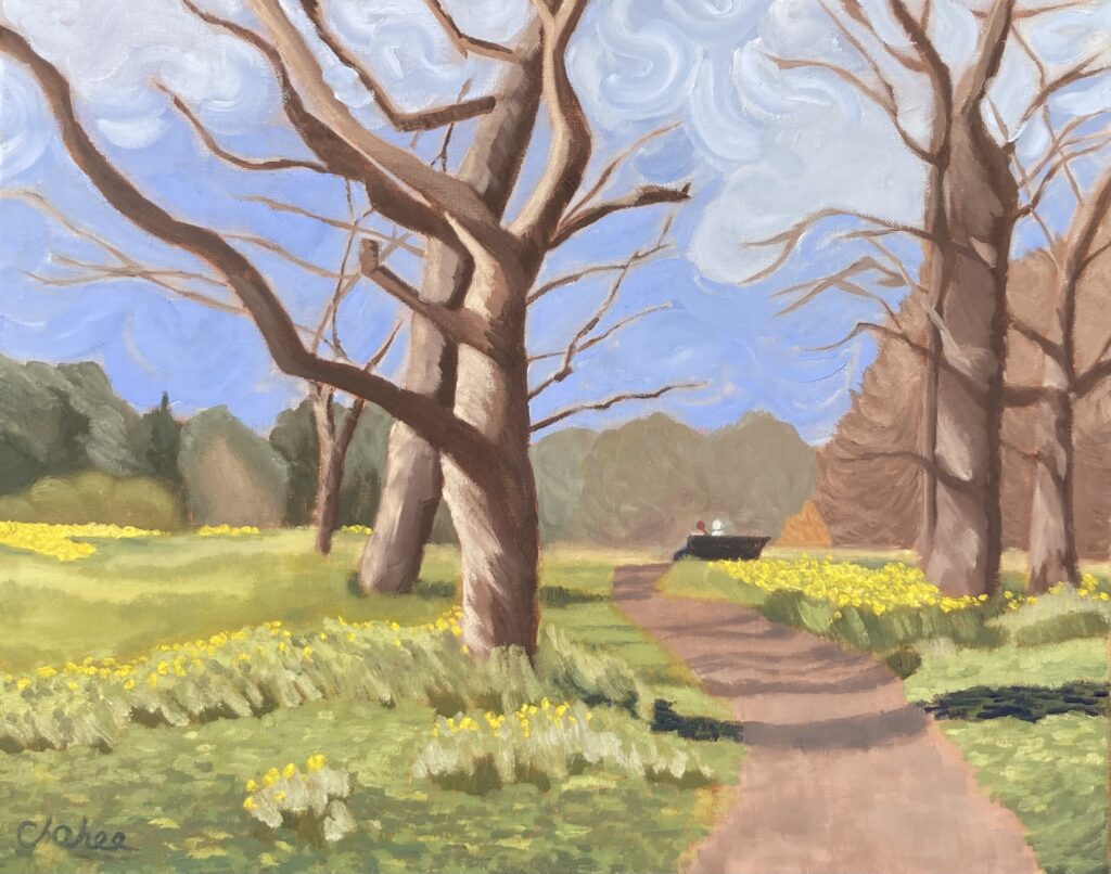 Oil painting of Sefton Park in spring with daffodil-covered fields and bare trees under a soft swirling sky