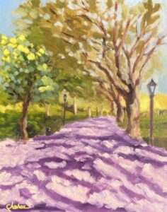 Oil painting of a tree-lined purple shadow path in Sefton Park Liverpool on a bright spring morning