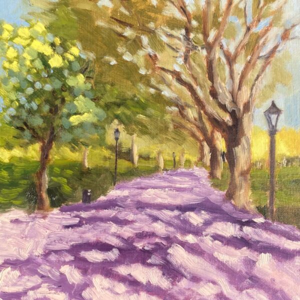 Oil painting of a tree-lined purple shadow path in Sefton Park Liverpool on a bright spring morning