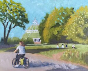 Oil painting of a sunny afternoon in Sefton Park with a cyclist, people relaxing on the grass, and the Palm House in the background