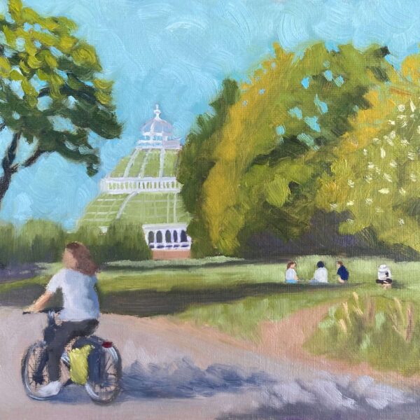Oil painting of a sunny afternoon in Sefton Park with a cyclist, people relaxing on the grass, and the Palm House in the background