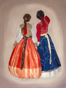 Oil painting of two women in traditional Korean Hanbok viewed from behind — one in orange and one in navy blue with embroidered detail