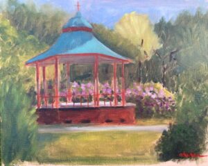 Plein air oil painting of the Victorian bandstand in Sefton Park Liverpool surrounded by spring flowers and lush green trees