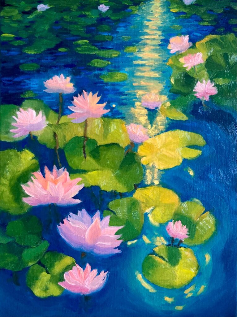 Oil painting of pink lotus flowers and lily pads floating on deep blue water with golden light reflections