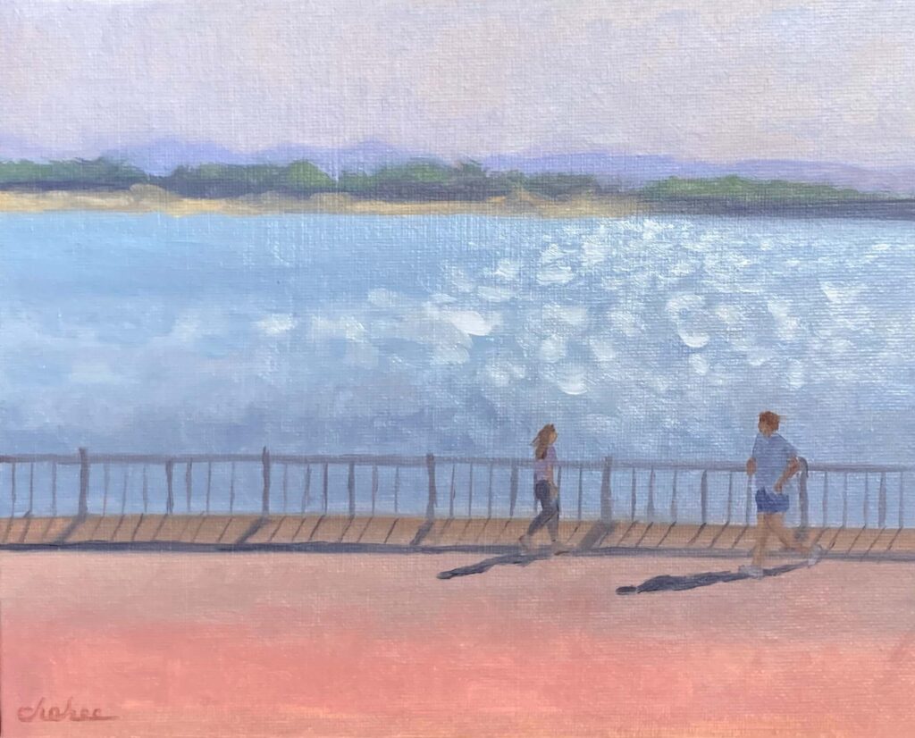 Oil painting of two figures walking along Otterspool promenade with sunlight sparkling on the River Mersey and green hills in the distance