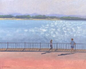 Oil painting of two figures walking along Otterspool promenade with sunlight sparkling on the River Mersey and green hills in the distance