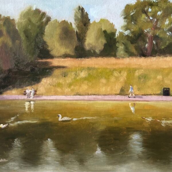 Plein air oil painting of Sefton Park pond with a swan and ducks swimming, two people seated on a bench, and a person walking along the path in warm sunlight