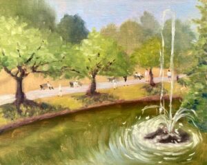 Plein air oil painting of a fountain in Sefton Park Liverpool with people strolling along a tree-lined path on a sunny day
