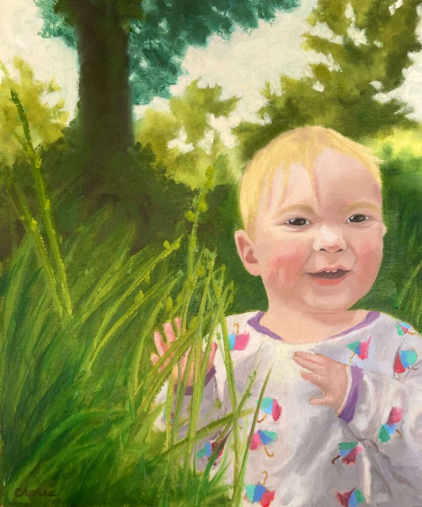 Oil painting of a baby's face lit by warm, dappled sunlight, smiling amid tall grass beneath a leafy tree with soft shadow in the background.