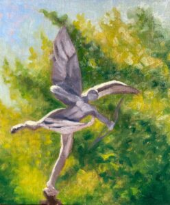 Oil painting of a bronze Cupid statue mid-motion, bow drawn, set against dense green foliage at Sefton Park.