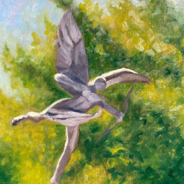 Oil painting of a bronze Cupid statue mid-motion, bow drawn, set against dense green foliage at Sefton Park.